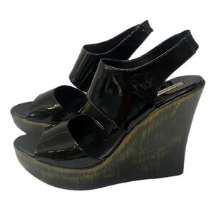 Charles David 38 black patent leather 4.25” platform wedge‎ shoes